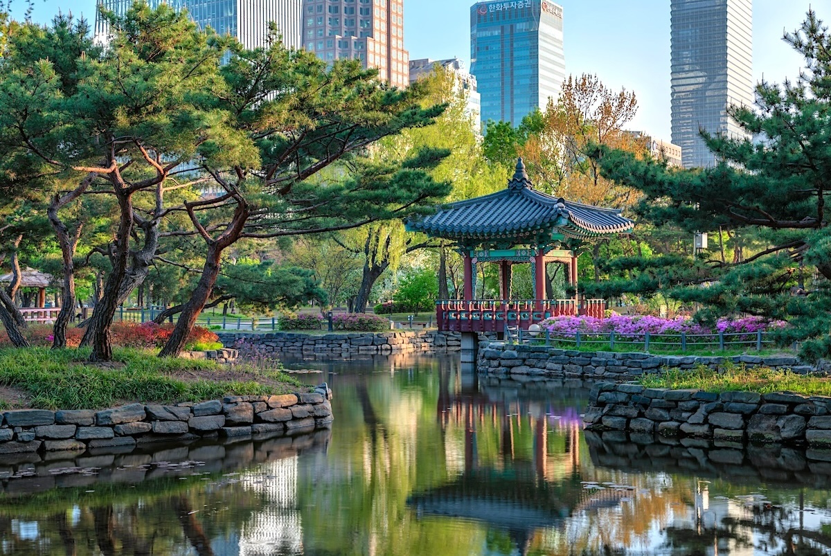 Colorful pavilion and pine trees in Yeouido Park in Seoul, Korea
